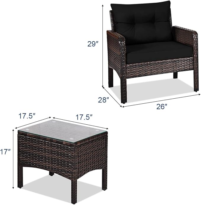 Tangkula 3 Piece Outdoor Patio Furniture Set, Wicker Chairs Set with Glass Top Coffee Table, Thick Cushions, All Weather Garden Lawn Poolside Backyard Porch Furniture Set for 2 (Black)