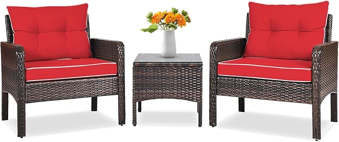 Tangkula 3 Piece Outdoor Patio Furniture Set, Wicker Chairs Set with Glass Top Coffee Table, Thick Cushions, All Weather Garden Lawn Poolside Backyard Porch Furniture Set for 2 (Red)