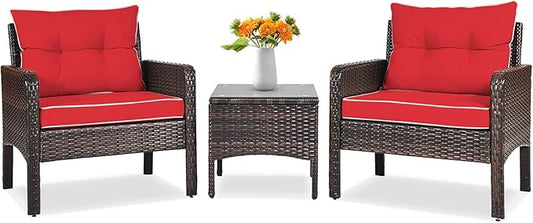 Tangkula 3 Piece Outdoor Patio Furniture Set, Wicker Chairs Set with Glass Top Coffee Table, Thick Cushions, All Weather Garden Lawn Poolside Backyard Porch Furniture Set for 2 (Red)