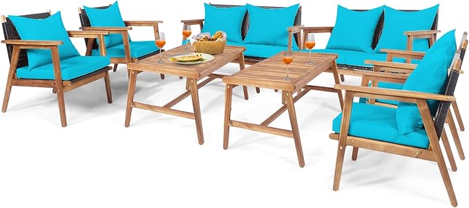 Tangkula 8-Piece Patio Furniture Set, Outdoor Acacia Wood Conversation Set with Cushions and Coffee Table, Outdoor PE Wicker Sectional Sofa Set for Garden, Poolside and Backyard (2, Turquoise)