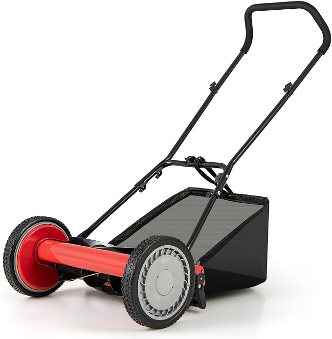 16" Manual Rear Mower, Push Lawn Mower with 5 Steel Blades, Adjustable Cutting Heights & Grass Catcher Bag, Walk-Behind Grass Cutter Lawn Sweeper for Garden, Park & Yard (Red) by TOOLSEMPRE