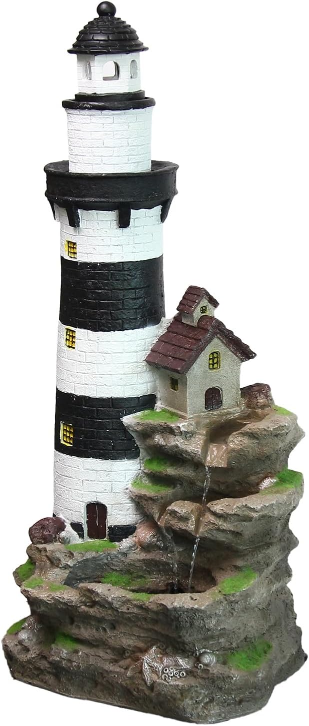 YZM Outdoor Lighthouse Waterfall Fountain 38.58" Tall 3-Tiered Rock Water Feature with LED Lights for Patio, Backyard, or Garden Décor