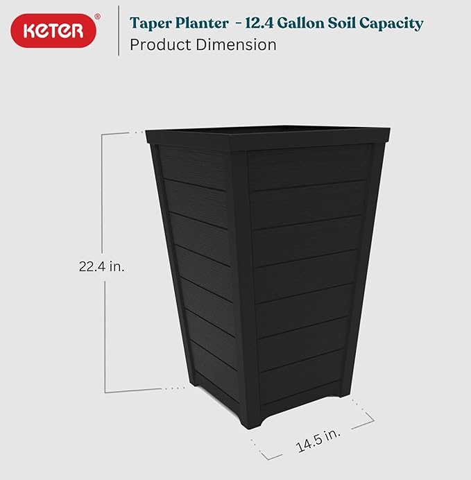 Keter Set of 2 Modern 22‑Inch Tall Outdoor Flower Pots – Large Resin Tapered Planters for Outdoor Plants, Front Porch & Patio Decor, Wood‑Look Design, Graphite
