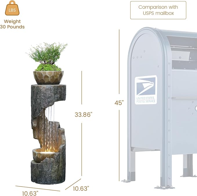 Outdoor Fountain Garden - Patio Waterfall Fountain with Lights, Rustic Wood-Style Cascading Waterfall with Planter Bird Feeder, Resin Water Feature for Deck, Patio, Backyard or Porch, 33.9" H