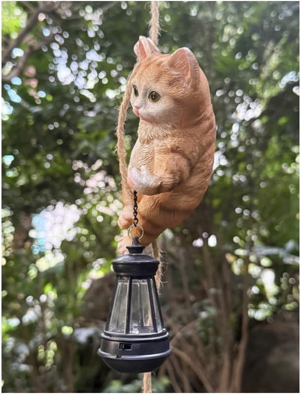 Cat Garden Decor Outdoor Statues Resin Climbing Twine with LED Light Waterproof Hanging Animal Figurine for Garden Wall Balcony Tree Decoration Gift