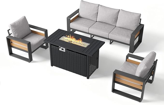 Aoxun Aluminum Patio Furniture Set with Fire Pit Table, 5 Seats Luxury Outdoor Sectional with 6" Olefin Fabric Cushions, Patio Conversation Sets with Outdoor Sofas for Backyard, Deck Light Grey