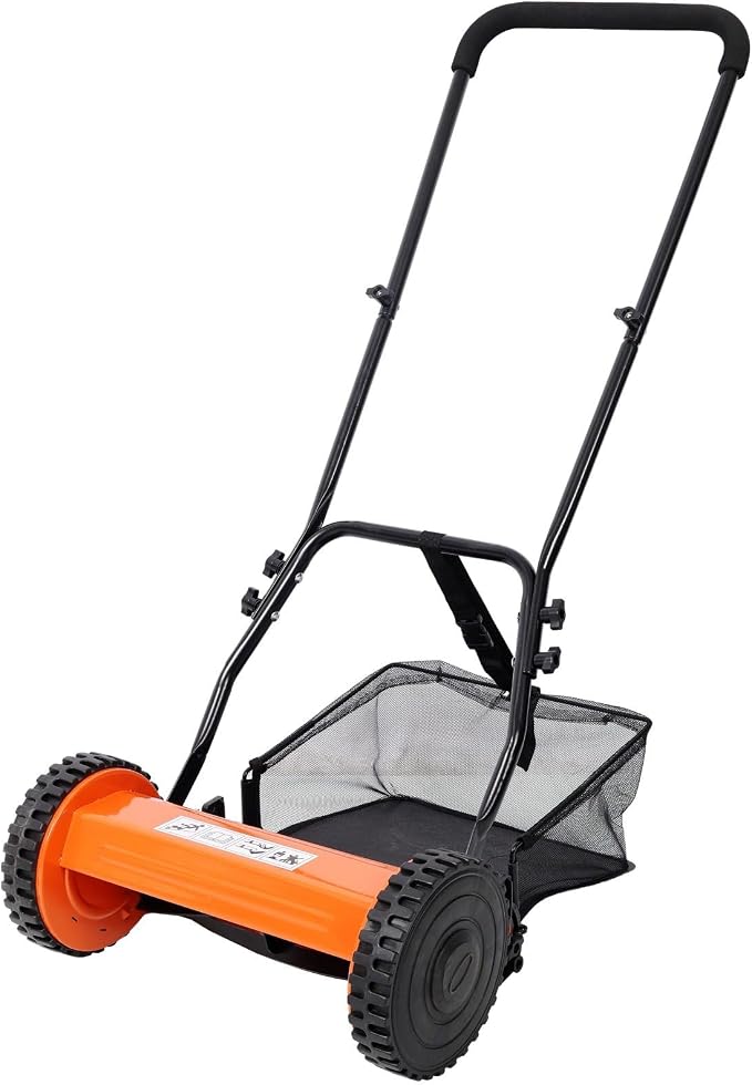 14-Inch 5-Blade Push Reel Lawn Mower with Grass Catcher, Adjustable Height 0.6-1.8 Inch, Manual Hand Push Mower with Heat-Treated Alloy Steel Blades, Gas-Free Grass Cutter, Orange by FRITHJILL