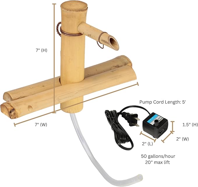 7” Bamboo Fountain Kit – Adjustable Half Round Spout with Quiet Pump for Indoor/Outdoor Bowl Fountains – Container Not Included | Small Natural Bamboo Water Feature for Zen Décor & Home Relaxation
