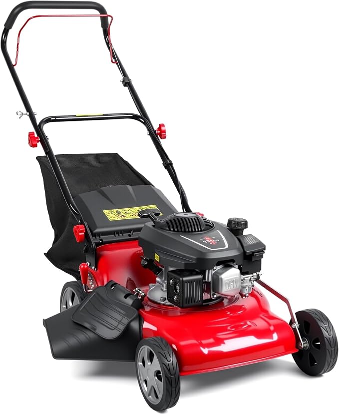 18" Gas Lawn Mower, 131cc Gas Powered Lawnmower Self Propelled, Walk-Behind Push Lawn Mowers with 13-Gal Grass Bag, 8 Position Height Adjustment for Yard Trimmer Gardening Care and Lawns Maintenance - Image 2