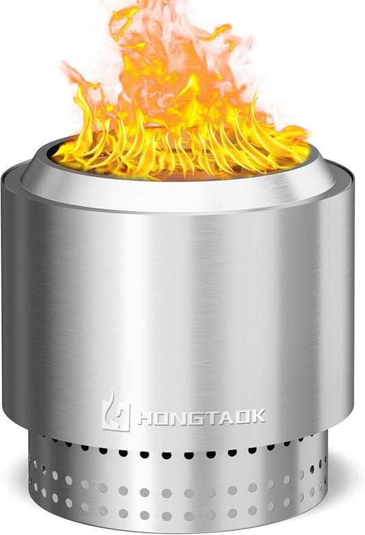 15 Inch Smokeless Fire Pit with Removable Ash Pan, Fire Pits for Outside Wood Burning, Portable Bonfire Outdoor Firepit, Waterproof Bag & Poker Included, Stainless Steel, Camping Backyard by HongTaokOutdoor