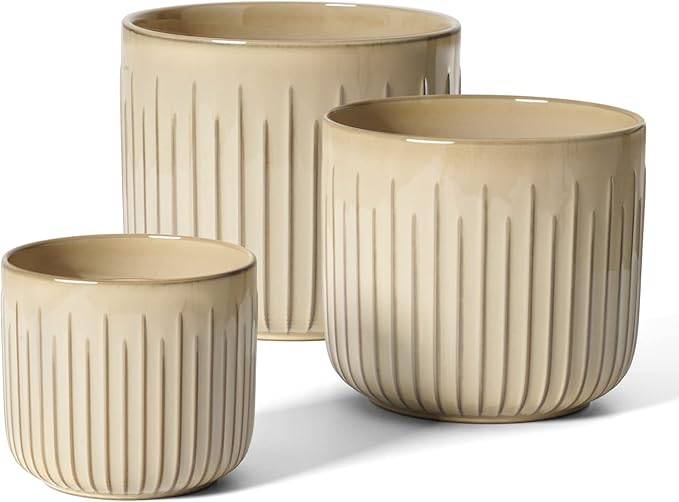LE TAUCI Ceramic Pots for Plants, 8.3/7/6 Inch Indoor Planters with Drainage Holes & Mesh, Modern Glossy Glaze Cylinder Fluted Plant Pot for Snake Plant, Set of 3, Sand Beige