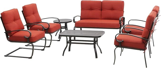 SOLAURA Outdoor Metal Furniture Sets 7-Piece Patio Conversation Set (2 Spring Chairs, 2 Patio Chairs, Loveseat with Coffee Table and Side Table), Red