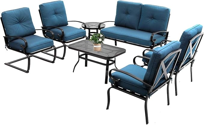 SOLAURA Outdoor Metal Furniture Sets 7-Piece Patio Conversation Set (2 Spring Chairs, 2 Patio Chairs, Loveseat with Coffee Table and Side Table), Peacock Blue
