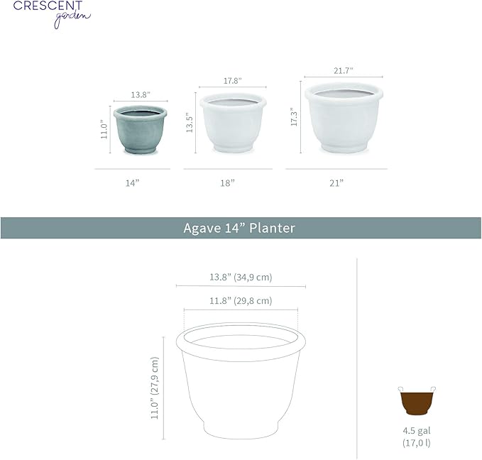 Crescent Garden Agave Planter, Classic Lightweight Resin Planter - UV-Resistant Flower Pots - Indoor & Outdoor Pot for Flowers, Houseplant, Herbs, 14" W x 11" H (Caviar Black)