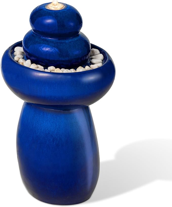 Glitzhome 22" H Zen-Style Outdoor Ceramic Fountain, 3 Tier Pedestal Cascading Water Fountains with LED Light & Pump, Cobalt Blue Pebbles Garden Fountains Waterfalls for Patio, Deck, Porch Decor