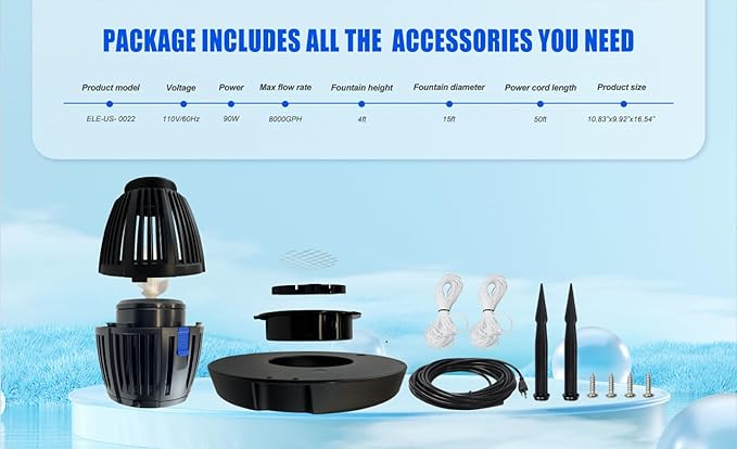 Pond Fountain Aerator， Floating Fountain with 8000 GPH Fountain Pump, 50’ Power Cord, Classic Crown Spray Pattern 4’x9’ for Pond, Lake, Swimming Pool &Water Garden.
