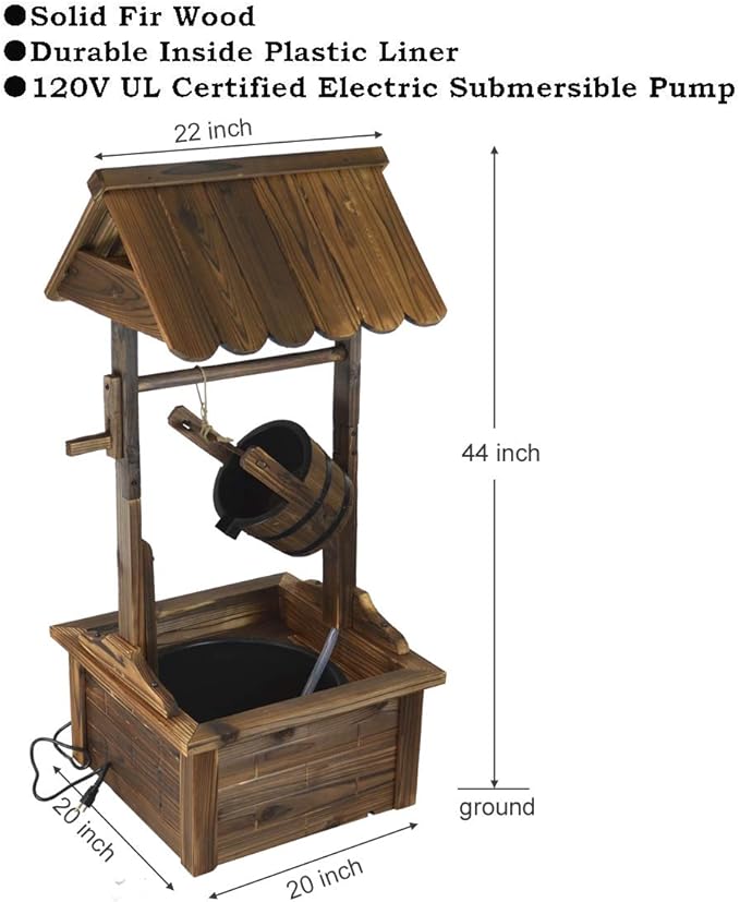 Wishing Well Wood Outdoor Patio Water Fountain with Pump