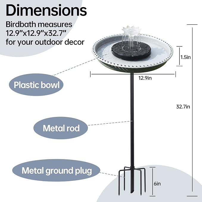 Solar Powered Bird Bath with Fountains for Hummingbirds,Stable Stylish Design with 5-Prong Base Metal Stake Plastic Bird Baths for Outside Lawn Patio Yard Garden