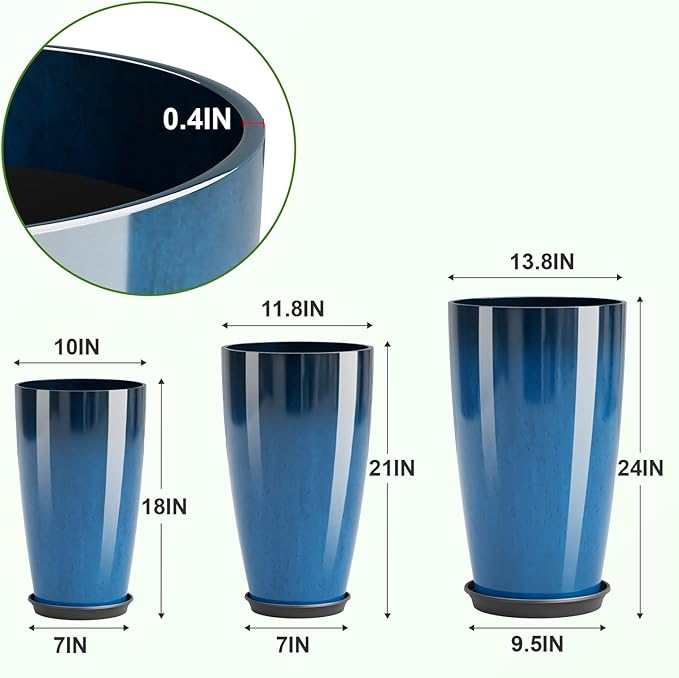 QCQHDU 24, 21, 18 inch Tall Planters for Outdoor Plants, with Drainage Hole & Saucer, Set of 3 Tall Outdoor Planter for Indoor & Outdoor Plants, Modern Home Decor