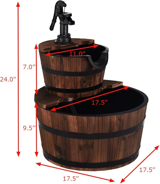 S AFSTAR 2-Tier Barrel Water Fountain Outdoor, Rustic Cascade Fountains with Hand Pump & Adjustable Water Flow, Freestanding Fountains for Garden Patio Backyard Porch Decor
