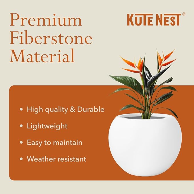 12.8"H x 16"D Premium Globo Fiberstone Round Planter with Drainage Hole, Smooth Finishes, Weather Resistant for Indoor and Outdoor Use, Included 2 Extra Coco Mats (White, 10.7" Pot Opening)