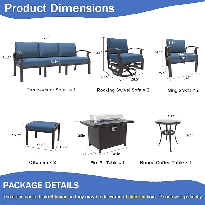 Aluminum Patio Furniture Set with Fire Pit Table, 9 Seats Outdoor Patio Conversation Sets with Swivel Chair Modern Metal Sectional Sofa with Upgrade Cushions for Patio, Backyard - Blue