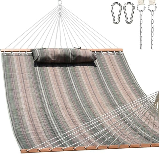 Lazy Daze 12 FT Quilted Fabric Double Hammock with Spreader Bars and Detachable Pillow, 2 Person Hammock for Outdoor Patio Backyard Poolside, 450 LBS Weight Capacity, Mixed Green & Brown Stripe by LazyDazeHammocks
