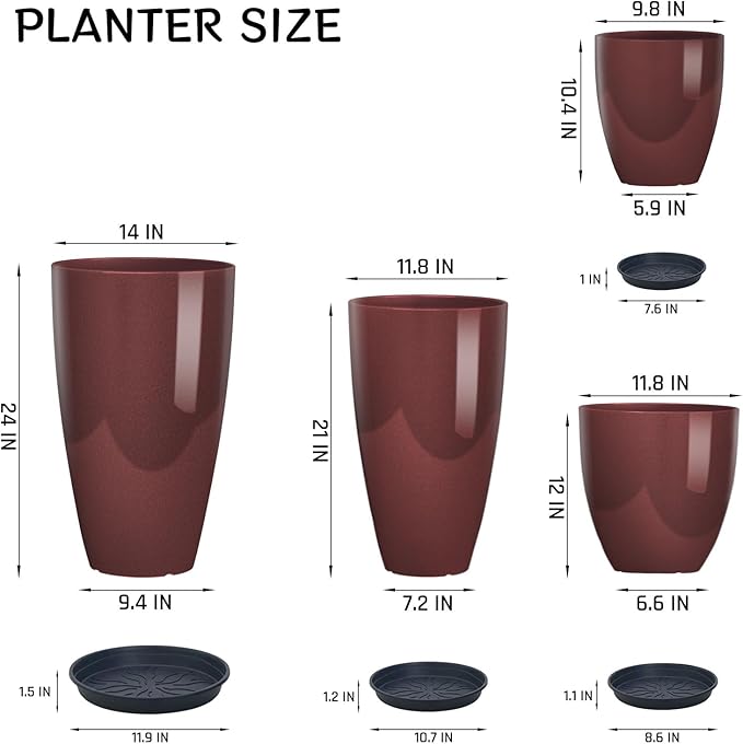 ZMTECH 24 21 12 10 Inch Tall Plant Pots for Indoor & Outdoor Use Set of 4, Large Plastic Planters with Drainage Hole and Saucer for Outside,Front Porch, Patio, Garden, Wine Red