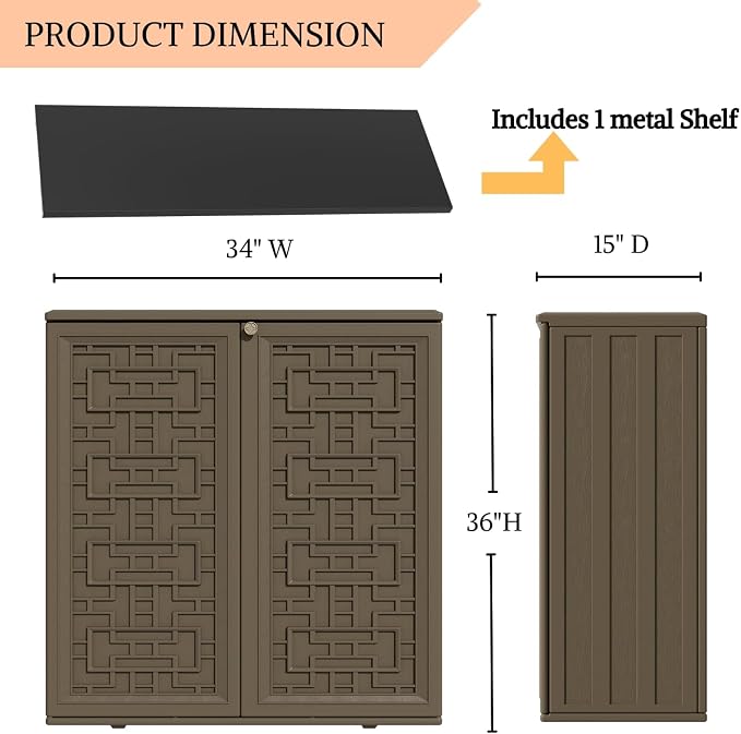 ZZM HDPE Outdoor Storage Shed, Outdoor Plastic Storage Cabinet, Horizontal Resin Tool Shed for Garden, All Weather Outdoor Storage Clearance, DIY Usage, with one Shelf (Coffee) - Image 6