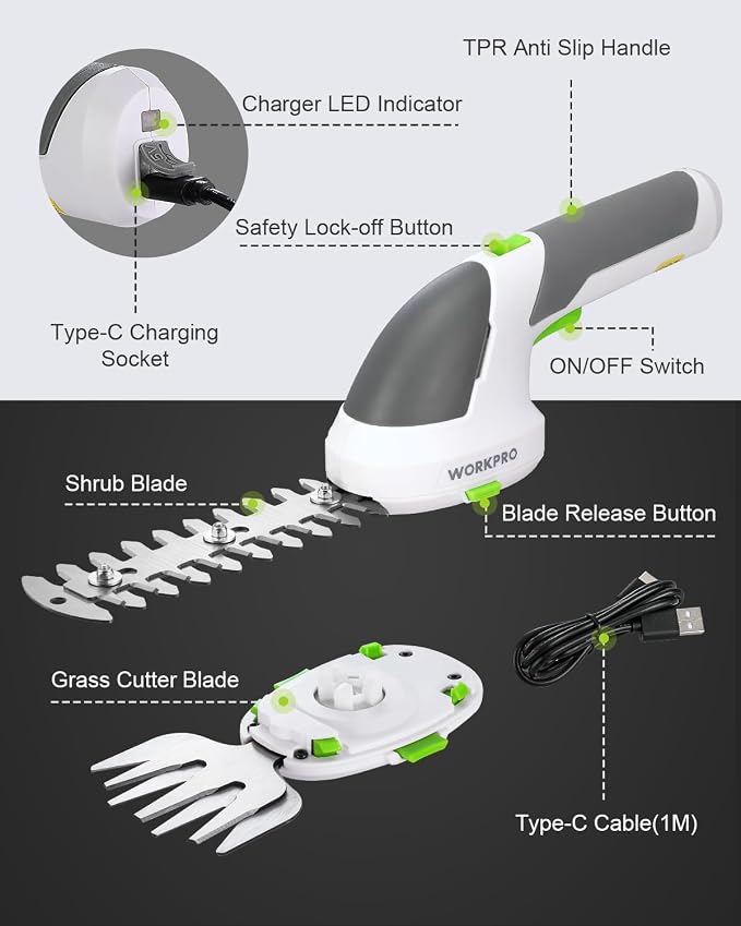 WORKPRO Cordless Grass Shear & Shrubbery Trimmer - 2 in 1 Handheld Hedge Trimmer 7.2V Electric Grass Trimmer Hedge Shears/Grass Cutter Rechargeable Lithium-Ion Battery and Type-C Cable Included - Image 7