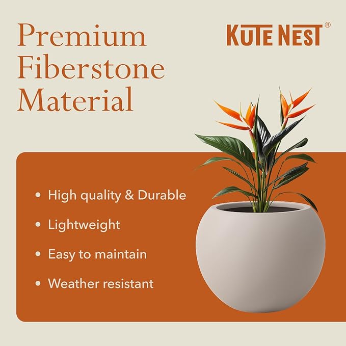 16" H x 20" D Premium Globo Fiberstone Round Planter with Drainage Hole, Smooth Finishes, Weather Resistant for Indoor and Outdoor Use, Included 2 Extra Coco Mats (Taupe, 13.5" Pot Opening)