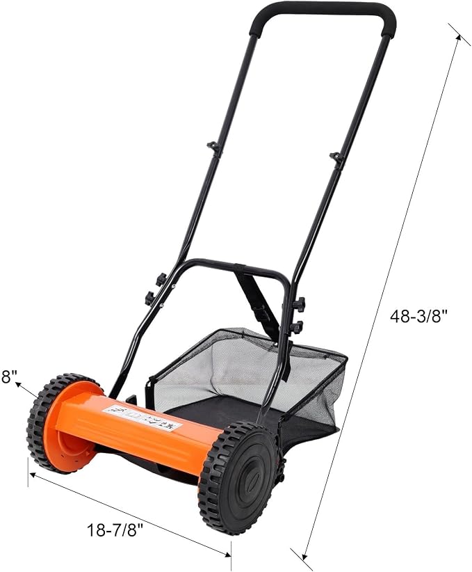 14-Inch 5-Blade Push Reel Lawn Mower with Grass Catcher, Adjustable Height 0.6-1.8 Inch, Manual Hand Push Mower with Heat-Treated Alloy Steel Blades, Gas-Free Grass Cutter, Orange - Image 2