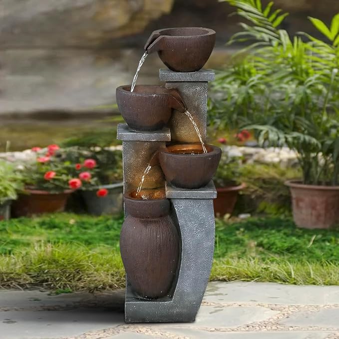 32.8" H 4-Tier Modern Outdoor Water Fountain - LED Lighted Indoor Outdoor Garden Fountains and Waterfalls for Garden, Patio, Backyard, Deck, Porch and Home Art Decor