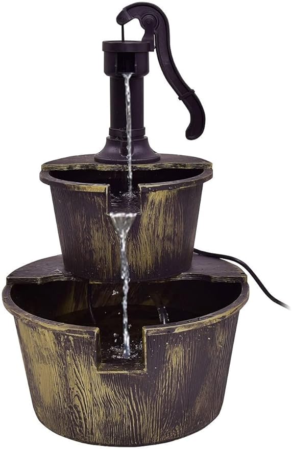 Squareful 2-Tier Outdoor Water Fountain, Rustic Patio Decor w/Hand Pump, Pump Barrel Fountain for Garden, Backyard, Patio