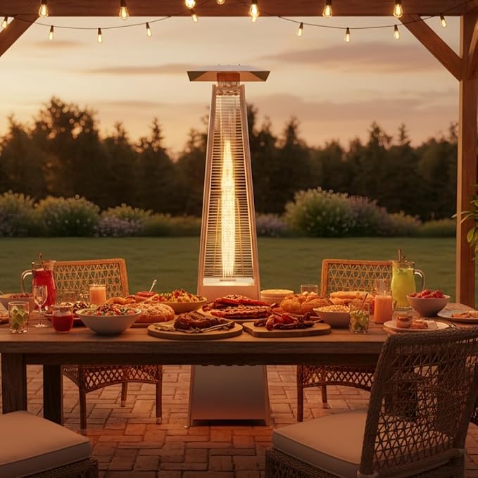 Sundale Pyramid Patio Heater, 48,000 BTU Propane Outdoor Heater with Wheels and Tip-Over Protection, Thickened Glass Tube Patio Heaters for Outdoor Use, Commercial & Residential (Sliver)