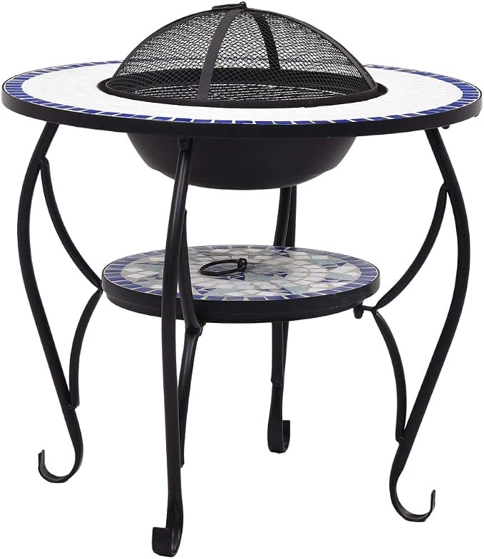 Mosaic Fire Pit Table, Outdoor Patio Wood Burning Fireplace, 26.8" Ceramic Top with Grill, Poker, and Safety Lid for Backyard Heating - Image 2