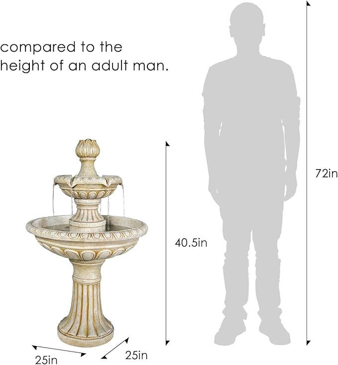 SunJet 40.5" High 3-Tiers Modern Concrete Outdoor Water Fountain - Round Large Outdoor Fountains and Waterfalls for Garden, Patio, Yard, and Deck Decor, Featuring Natural Stone Look (Ivory, 40.5 inch)