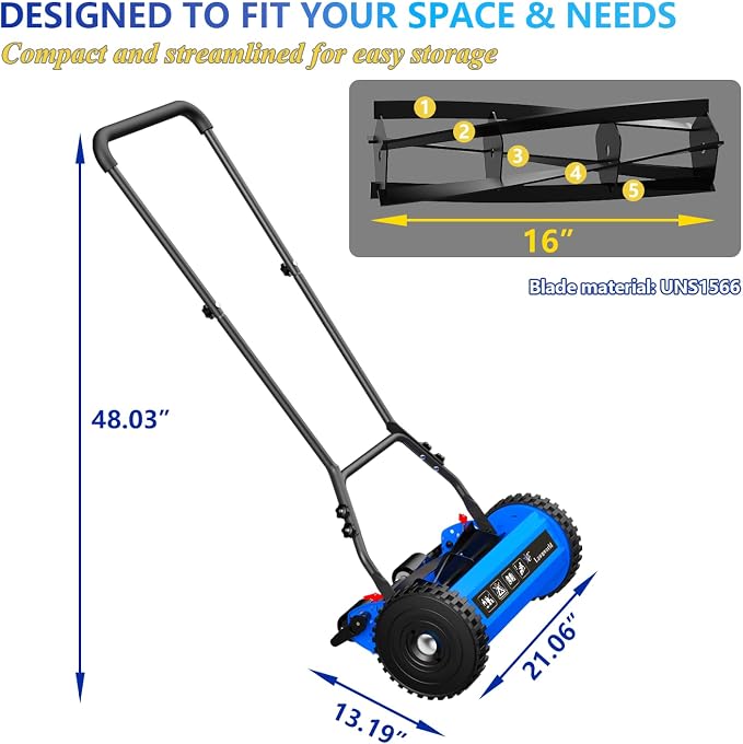 16-Inch Reel Lawn Mower with Tool-Free Blade Adjustment, 5-Blade Manual Push Lawn Mower, 5-Position Height Adjustable Hand Push Reel Mower - Image 6