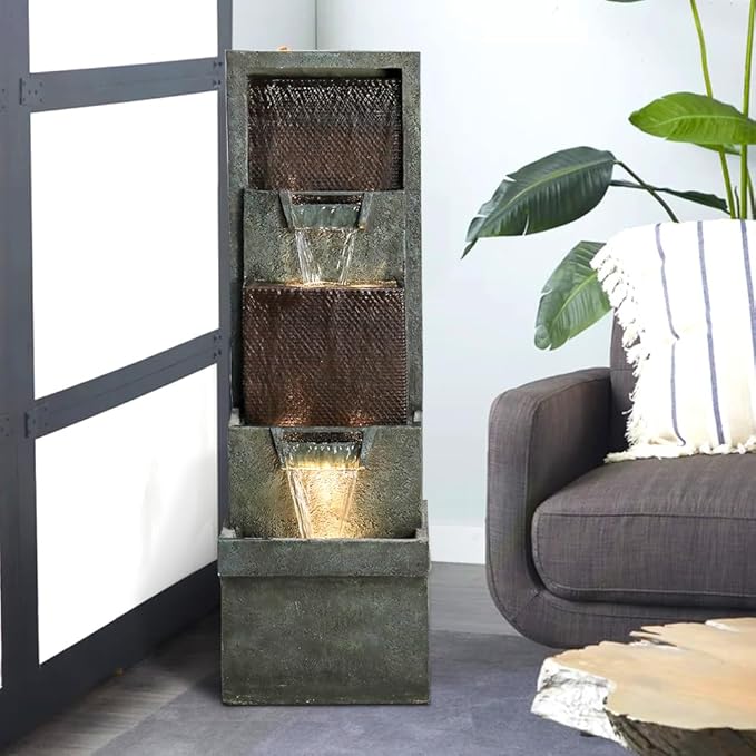 39.3'' Tall Floor Outdoor Fountains and Waterfalls with Lights Indoor Water Fountain Outdoor Modern Floor-Standing Fountain for Yard, Floor Patio, Backyard and Home Art Decor
