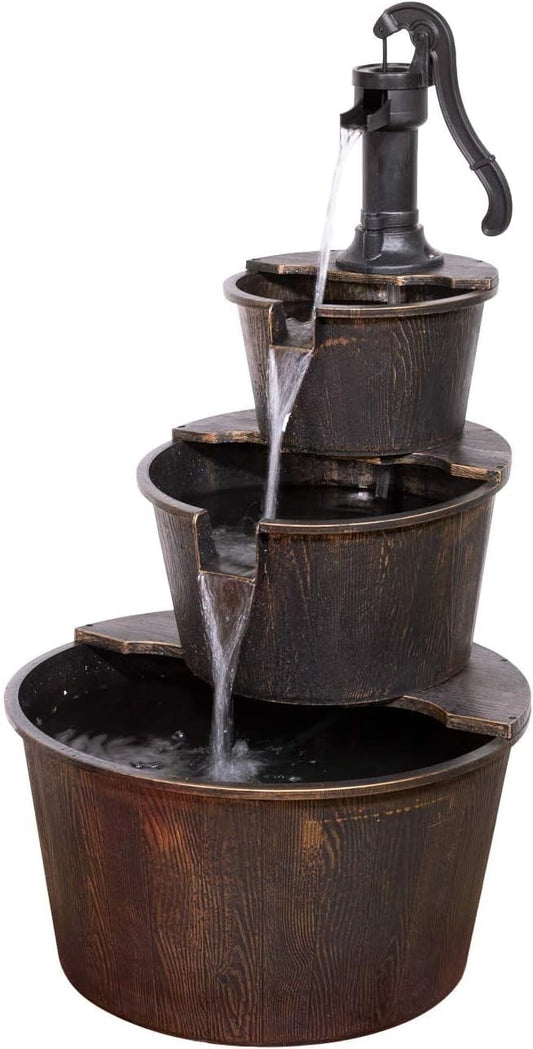Alpine Corporation 40" Tall Outdoor Floor Tiered Rustic Pump and Barrel Water Fountain, Old-Fashioned Waterfall for Garden, Patio, Yard Decor, Dark Brown