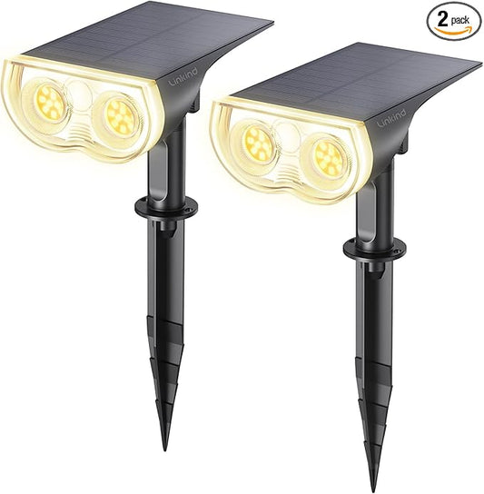Linkind Solar Lights Outdoor Waterproof IP65, StarRay Dusk-to-Dawn Outdoor Solar Lights, 3 Lighting Modes Solar Spot Lights Outdoor for Garden, Yard, Landscape (Warm White, 2 Pack)