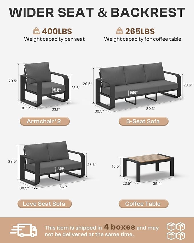 Aluminum Outdoor Patio Furniture Set, 5 Piece Oversized Patio Conversation Sets Widened Armrest & Ultra-Thick Cushions, Heavy Duty Modern Sectional Furniture for Backyard, Porch, Graphite