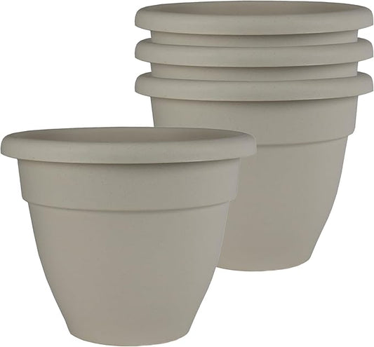 The HC Companies 6 Inch Caribbean Planter Pots with Drainage & Plug, Rolled Rim Plastic Planters for Indoor Outdoor Plants, 4-Pack Decorative Flower Pots for Garden, Office & Home Decor, Cottage Stone