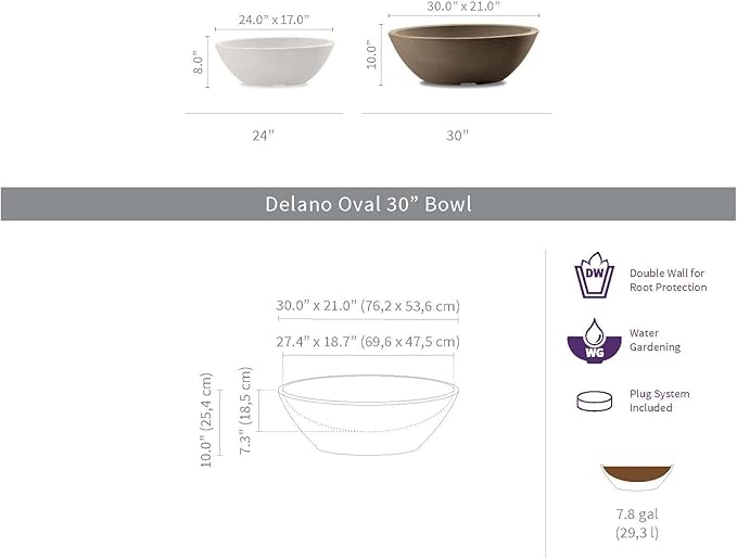Crescent Garden Delano Oval Planter Bowl, Succulent Garden, Unique Indoor/Outdoor Double-Walled Plant Bowl with Plug- Oval Shape - 30" L x 21" W x 10" H (Mocha)