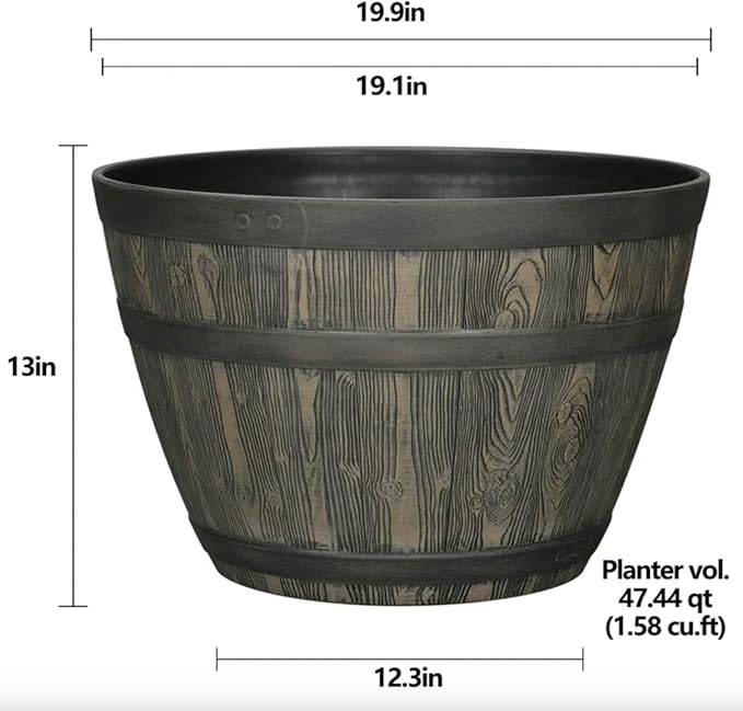 Rustic Whiskey Barrel Planter 19.9 Inch - Durable Plastic - Indoor/Outdoor Decor - Easy Knock-Out Drainage Holes - Lightweight & Frost Proof