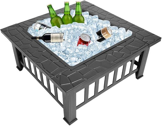 Bonnlo 32” Metal Porch Fire Pit Outdoor Square Poatable Wood Burning Table- Includes Mesh Spark Screen Top, Waterproof Cover and Poker for Camping Patio Backyard Bonfire Fireplace by Bonnlo