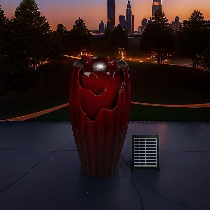 Ferrisland Solar Powered Water Fountain with LED Lights, 20" H Resin Red Vase Outdoor Freestanding Fountain with Pump, Bird Water Fountain & Water Falls for Outside Garden & Backyard Decking Décor