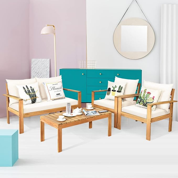 Tangkula Outdoor 4-Piece Acacia Wood Chat Set, 4 Seater Acacia Wood Conversation Sofa and Table Set with Water Resistant Cushions, Teak Finished (1, White)