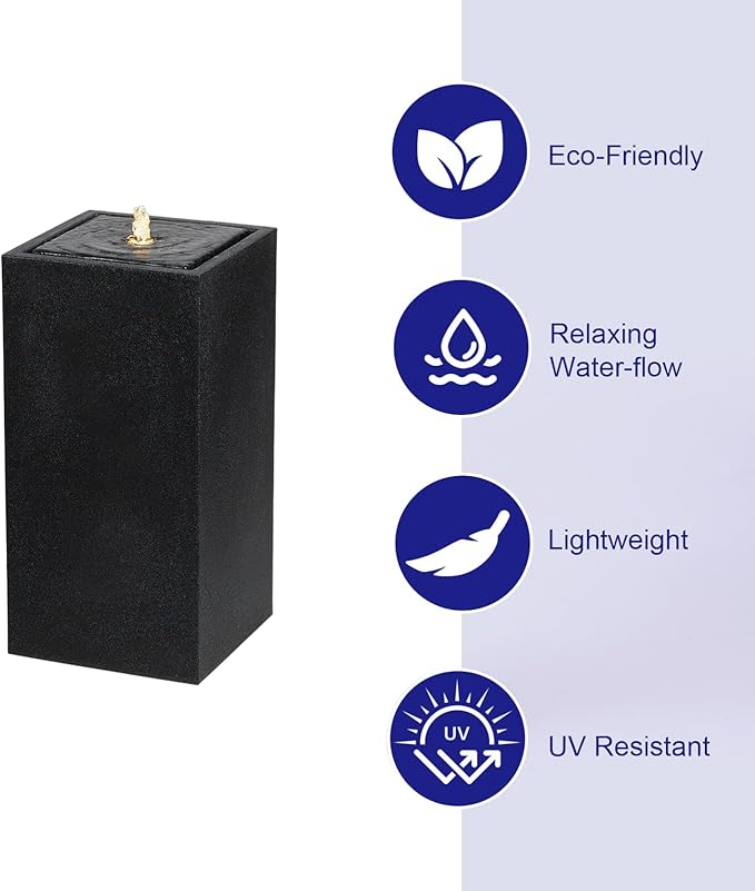 13.26” H Outdoor Water Fountain Made with Eco-Friendly Recyclable Materials, Polyethylene Square Bubbler Outdoor Fountain, Garden Decor with LED Light for Patio, Porch, Backyard (25.98”)
