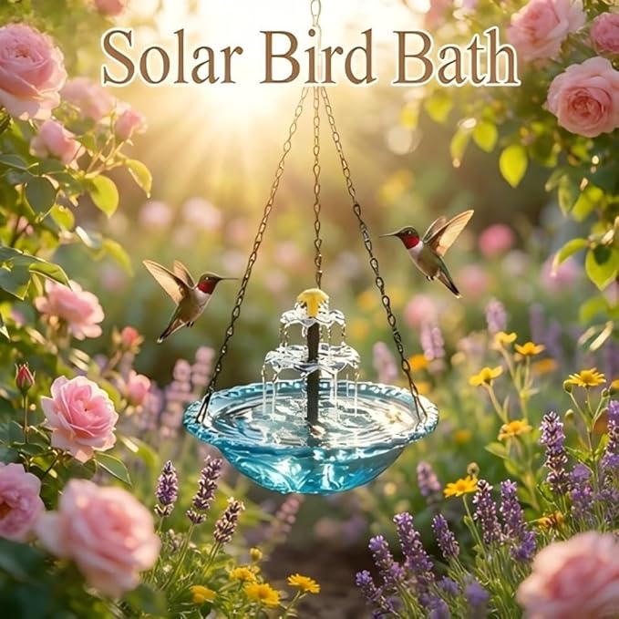 Hanging Solar Bird Bath Fountain 3 Layers,Solar Cascade Hanging Bird Bath Fountain,Hummingbird Water Fountain Solar with Solar Water Pump,Suitable for Gardens,Backyards,Patios,and Lawns. (Pink)